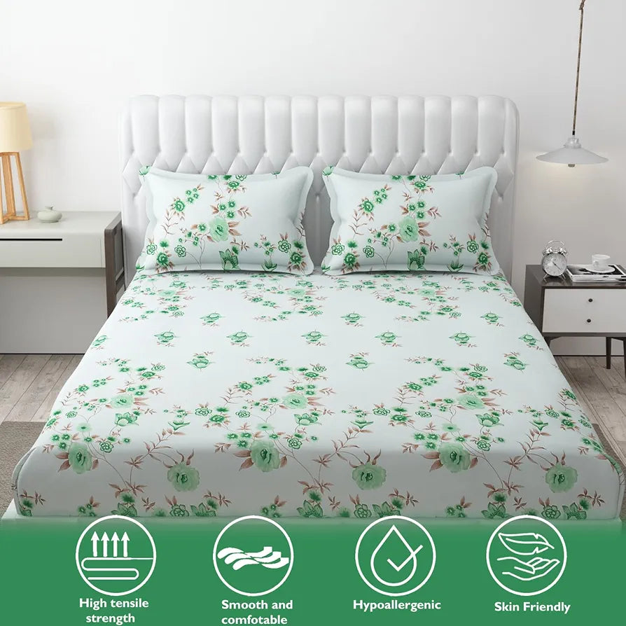 Fresh From Loom Floral Print 240 TC Microfiber King Size Bedsheet Set with 2 Pillow Cover Soft-Cyan