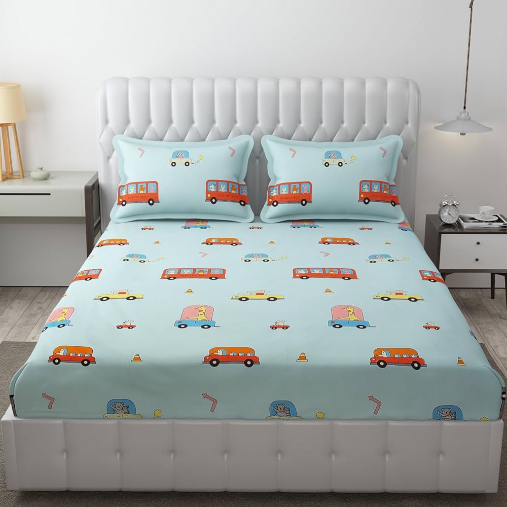 Fresh From Loom Glace Cotton Bed Sheet with 2 Pillow Cover Cartoon Printed Double Bed King Size Kids Bedsheet 144 TC Aqua