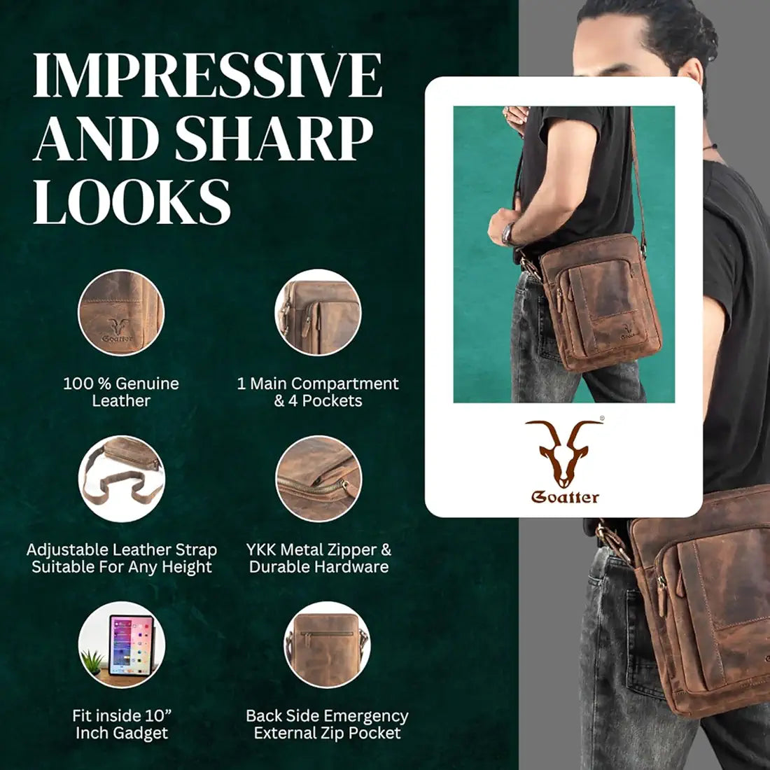 Goatter Unisex Hunter Leather Multi Pockets 11" Messenger Bag, GTHT-02