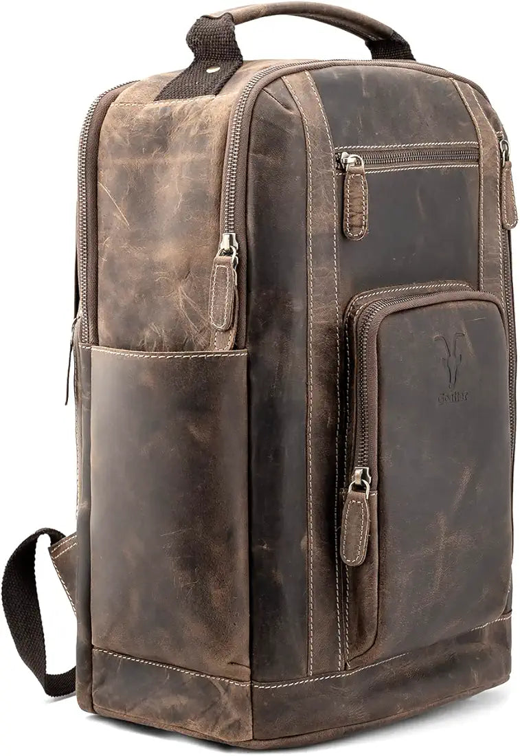 Goatter 24 Ltrs Men's Hunter Leather Backpack For 16 Laptop Travel Hiking Camping Rucksack - Brown
