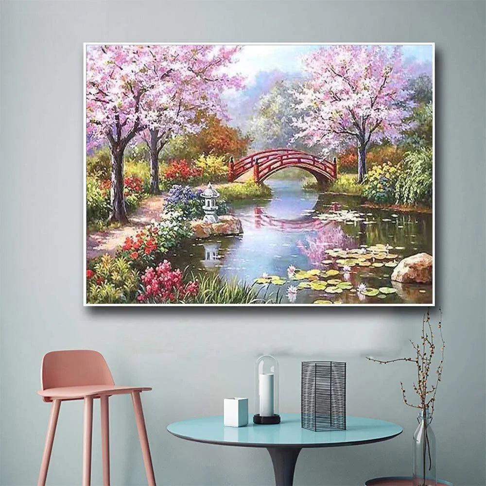 HASTHIP DIY 5D Diamond Painting by Number Kits Full Drill Rhinestone Embroidery Cross Stitch Pictures Arts Craft for Home Wall Decor,Peach Blossom Bridge-11.8x15.8In