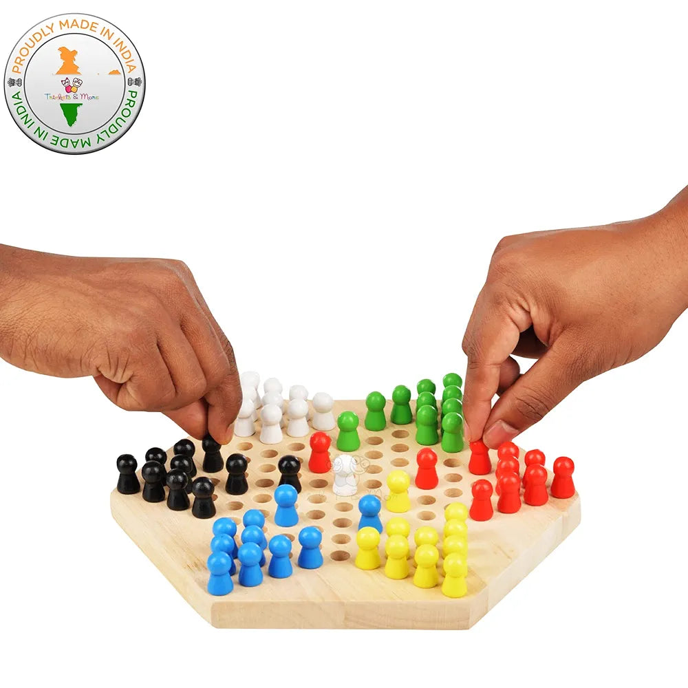 Trinkets & More - Wooden Chinese Checkers Hexagon with Wooden Marbles Board Games Superb Family Game Perfect Adults and Kids Gift Fun Toys 3+ Years