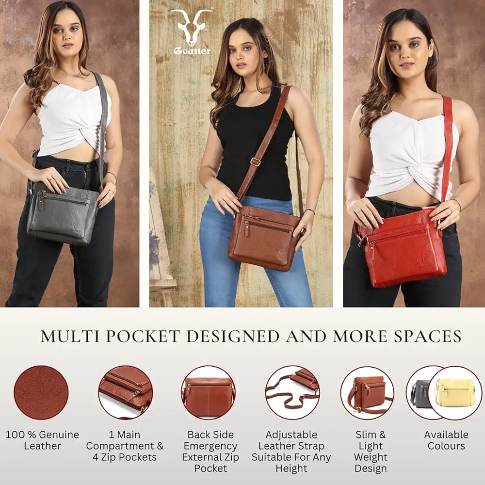 Goatter Genuine Leather 9" Inch Sling Cross-Body Bag For Women's