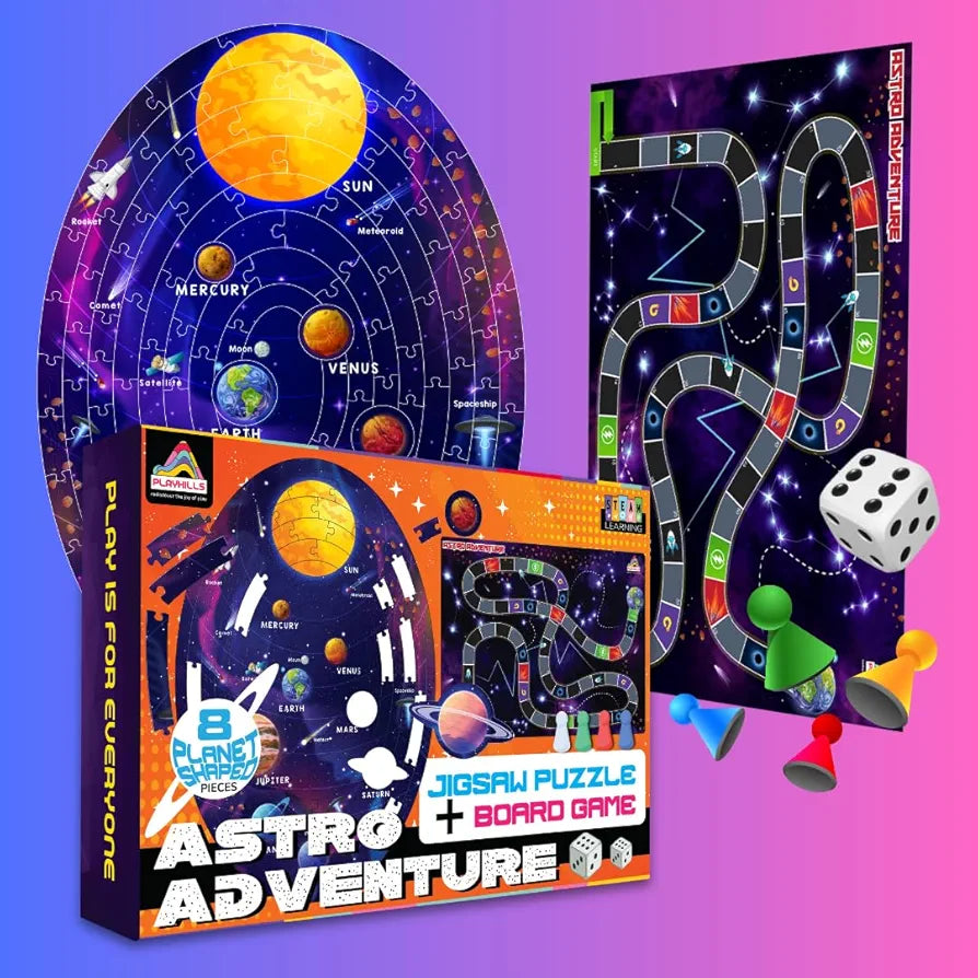 Playhills 2-in-1 Puzzle + Board Game, 108 pcs Solar System Jigsaw Puzzle with Astro Adventure Board Game for Children | Perfect Birthday & Learning Gift for Boys, Girls Age 6+ Years