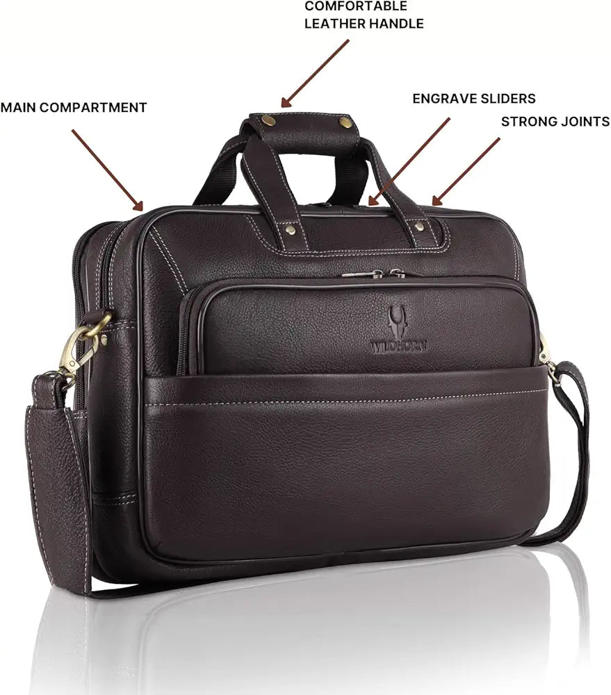 WildHorn Classic Leather 16 inch Laptop Messenger Bag for Men I Office Bags I Travel Bags I Carry Handles with Adjustable Strap