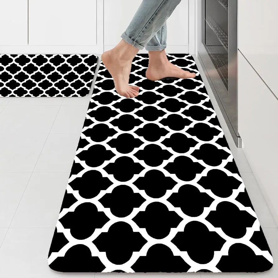 Ishro Home Kitchen Mats For Floor Anti Slip Waterproof Set Of 2 Pcs Colour Black Diamonds