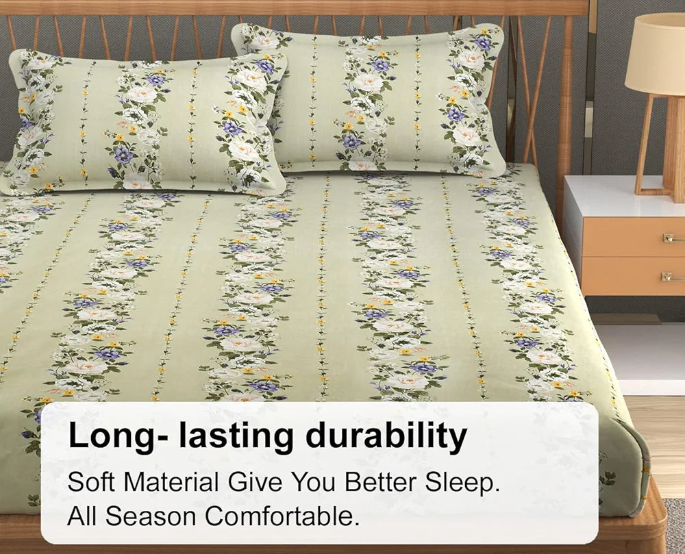 Fresh From Loom King Size Fitted Bedsheet Set 240 TC 2 Pillow Covers Pale Leaf Multicolor
