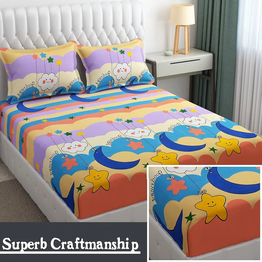 Fresh From Loom Wrinkle Free Glace Animal Print Cotton Bedsheet For Kids With Two Pillow Cover Multicolor 144 Tc Gud Night Multi Color