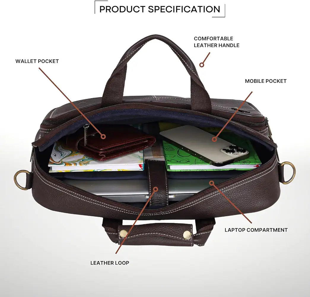 WildHorn Leather 15 inch Laptop Bag for Men I Padded Laptop Compartment I Carry Handles with Adjustable Strap