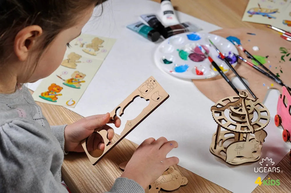 Ugears 3D Wooden Animal Jigsaw Puzzle Games - Coloring kit - Teddy Bear - STEAM Learning Brain Games Toys & Animal Puzzles for Kids - Building Toys & Building Sets for Kids - Birthday Gift for Kids