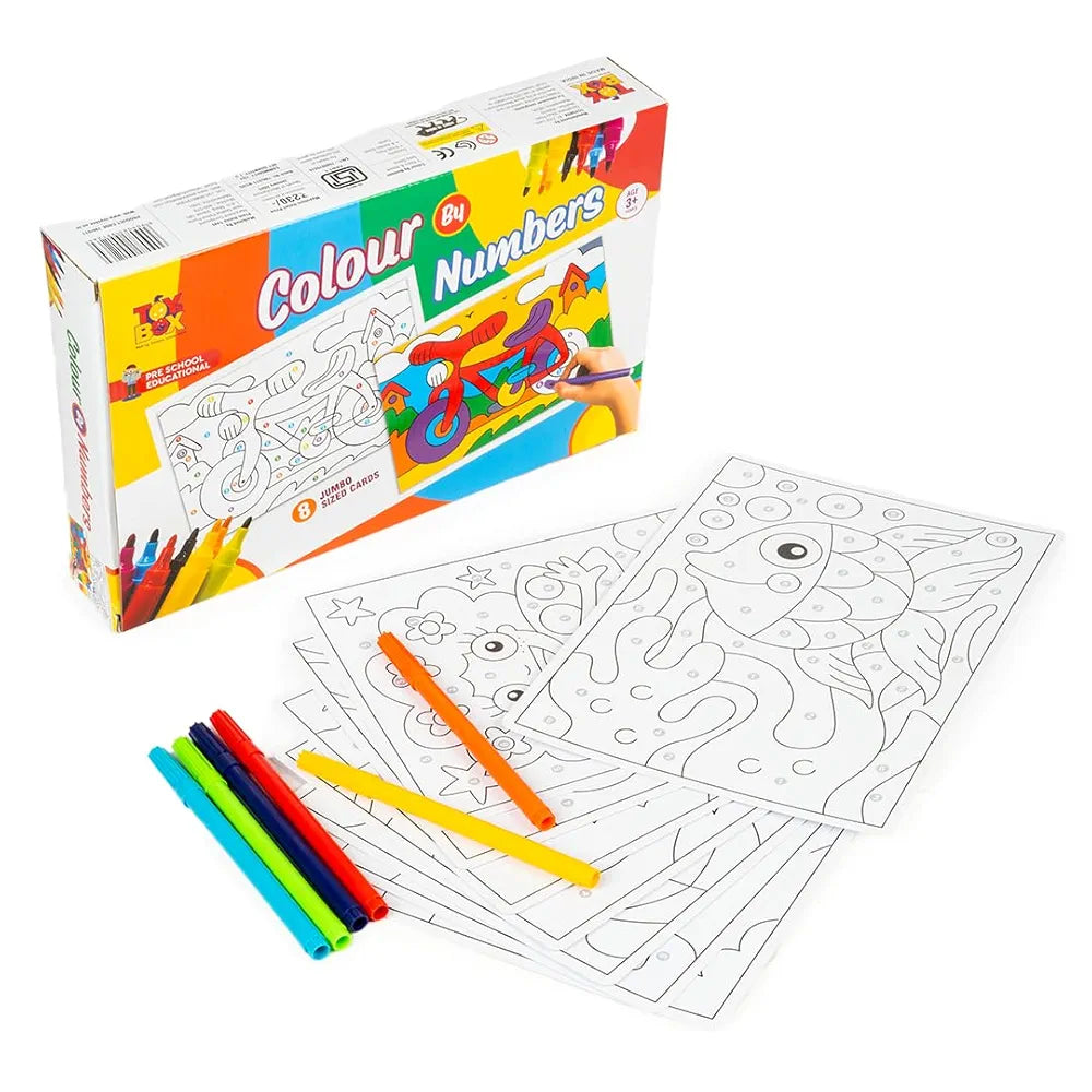 TOYSBOX Colour by Numbers Art Kit, 8 Jumbo Design Printed Cards with 6 Felt Pens, Educational Learning Kit for Kids Ages 3+ Years