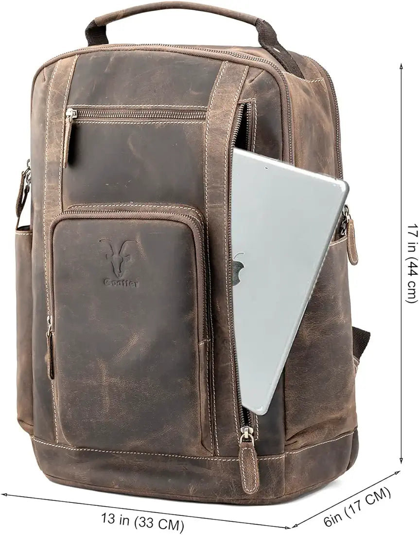 Goatter 24 Ltrs Men's Hunter Leather Backpack For 16 Laptop Travel Hiking Camping Rucksack - Brown