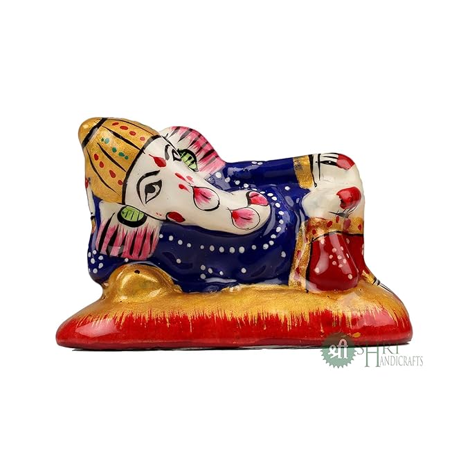 Shri Handicrafts Resting Lord Ganesha With Metal Meenakari Painting Car Dashboard Idol Small Ganpati Statue