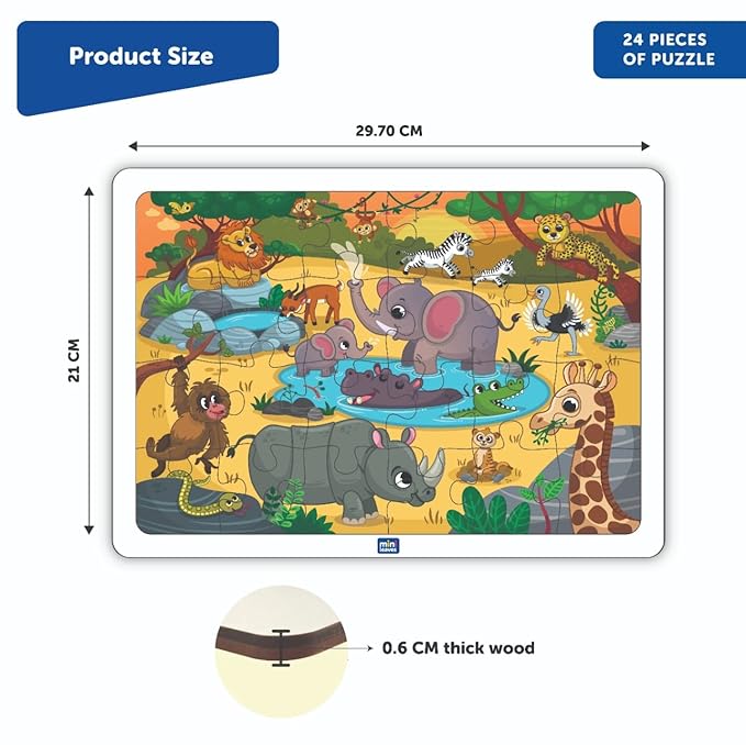 Mini Leaves 24 Piece Wooden Puzzle for Kids | Wild Safari Animals Jigsaw Puzzle | Educational Toys for Kids With Wooden Tray