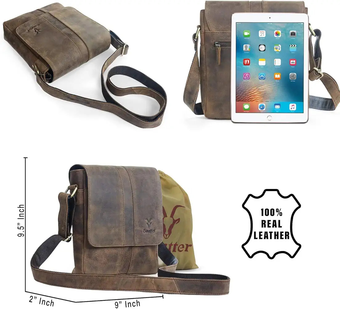Goatter Genuine Leather Unisex Faster 9.5 Inch Messenger Bag Gtht-03 - Brown