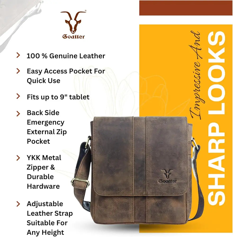 Goatter Genuine Leather Unisex Faster 9.5 Inch Messenger Bag Gtht-03 - Brown