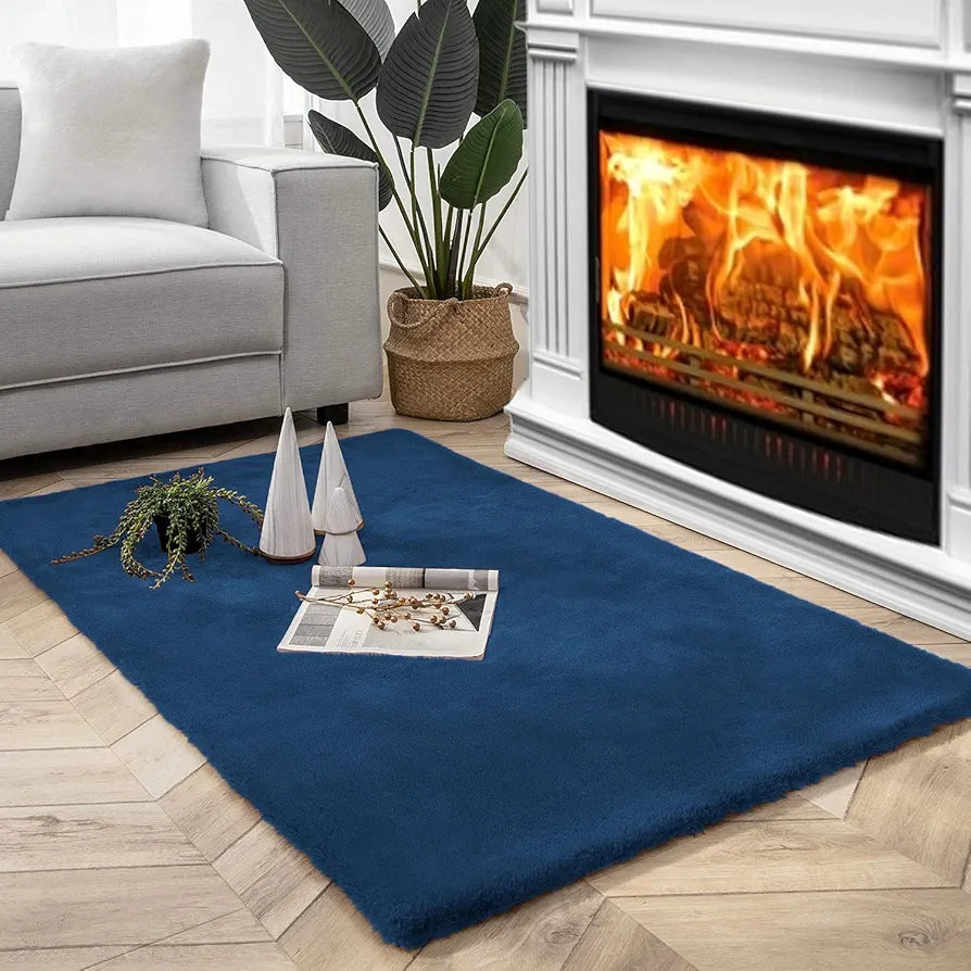 Luxe Home International Rabbit Fur Rectangular Carpet Soft Anti Slip Skid Rufle Mats for Bathroom Door 3X5 Feet Colour Teal