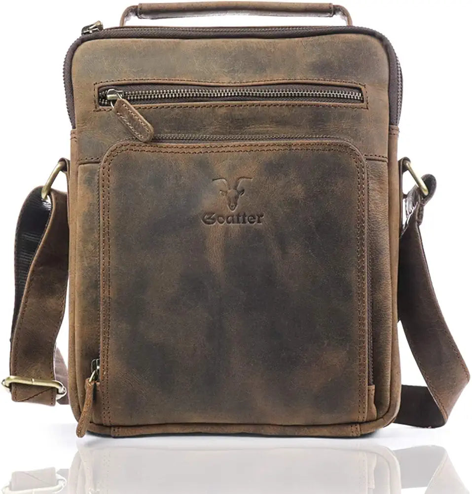 Goatter Men's Genuine Leather 11.5" Inch Messenger Bags, Dark Brown