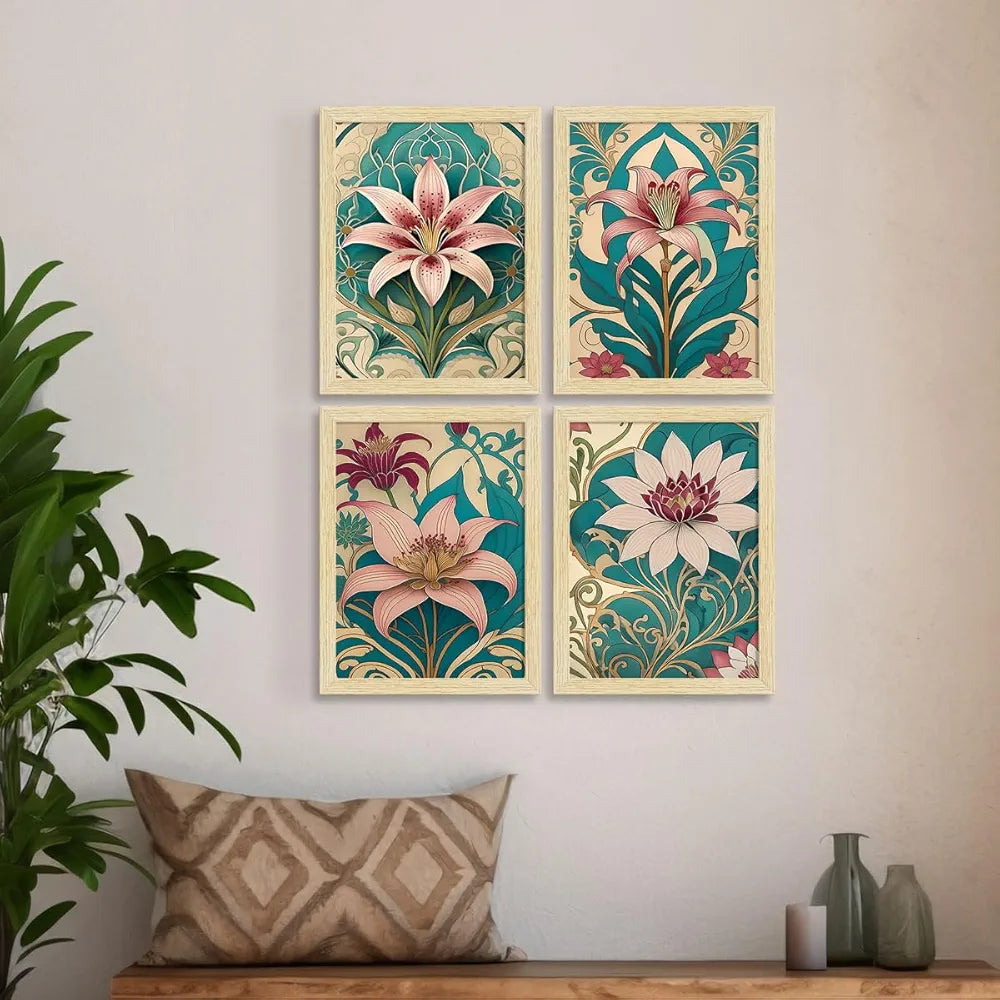 ArtX Paper Lilly Flowers Botanical Art Paintings With Frame Multicolor, Set of 4