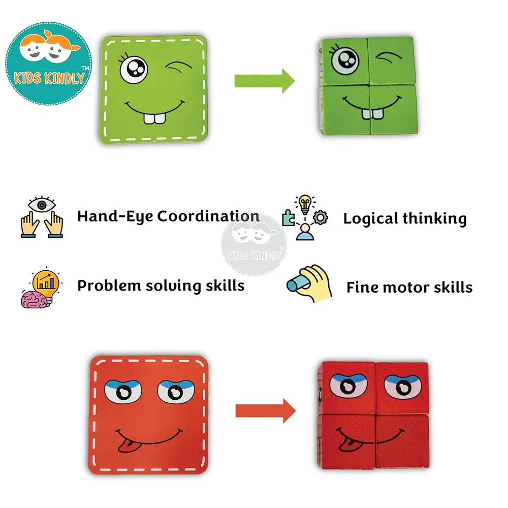 KIDS KINDLY Wooden Face Puzzle Game for Kids Age 3+, Emoji Expression Matching Toy with 16 Blocks & 72 Cards, Fun Indoor Puzzle for Boys and Girls, Educational Games & Gifts