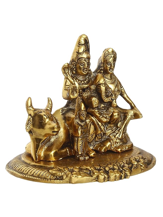 Ecraftindia Golden Metal Handcrafted Lord Shiva, Parvati, Kartik, and Ganesha Idol Sitting on Nandi Animal Figurine Decorative Showpiece