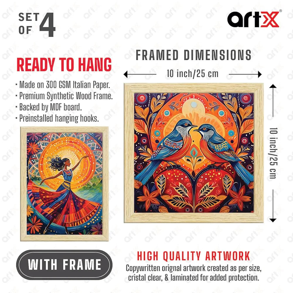 ArtX Paper Madhubani Madhubani-SO4-04 Art Paintings with Frame Multicolor Set of 4