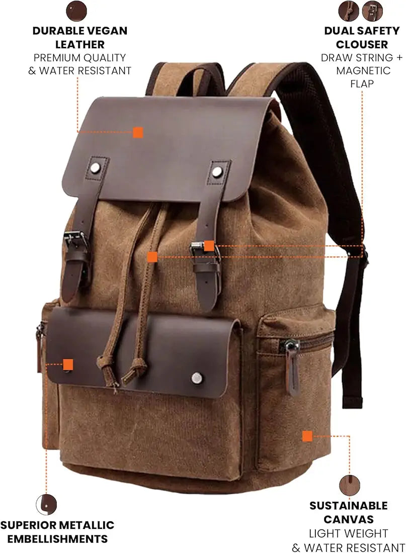 FUR JADEN Eco Friendly Travel Laptop Backpack Made of Water Resistant Sustainable Canvas and Vegan Leather for Men and Women for Travel Hiking Work