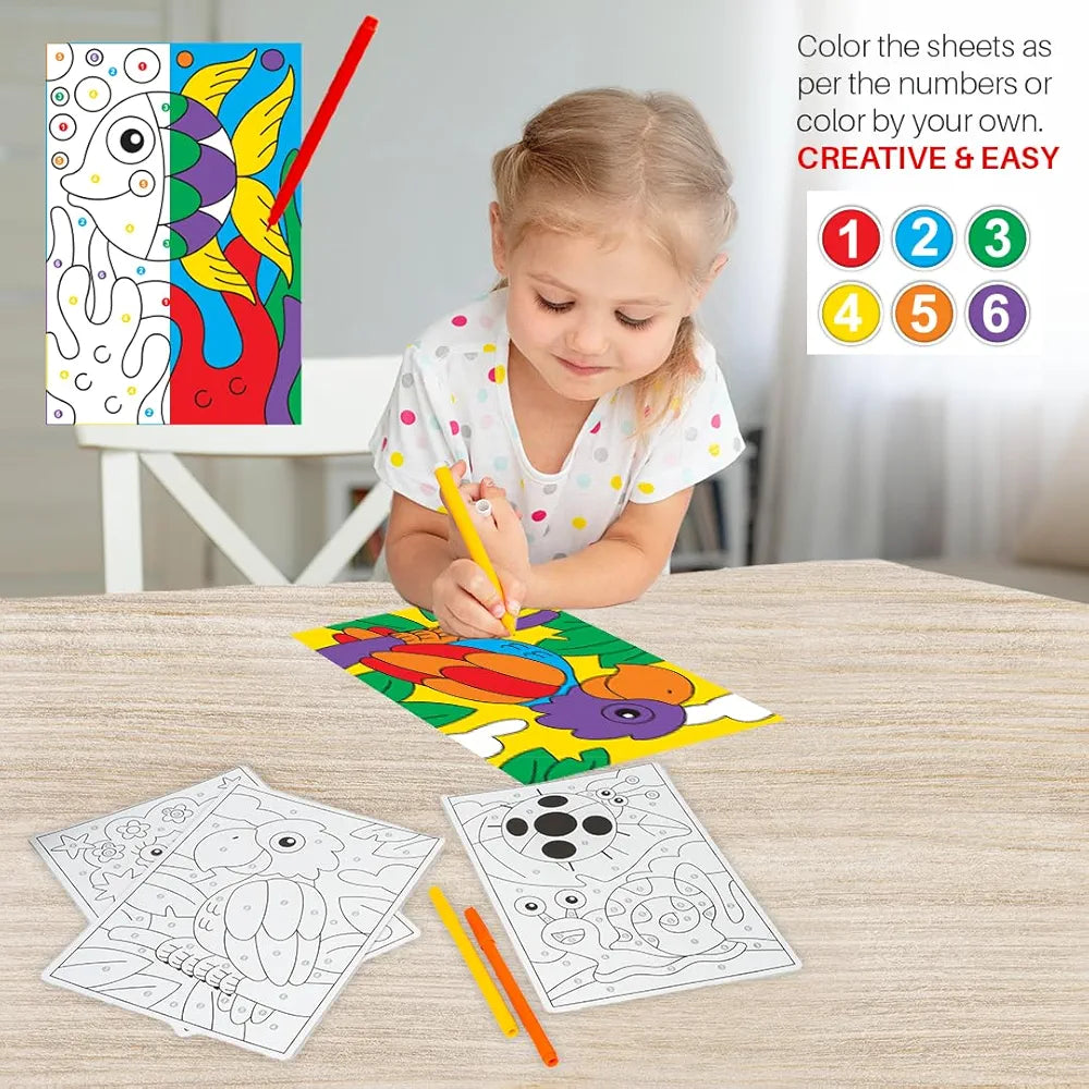 TOYSBOX Colour by Numbers Art Kit, 8 Jumbo Design Printed Cards with 6 Felt Pens, Educational Learning Kit for Kids Ages 3+ Years