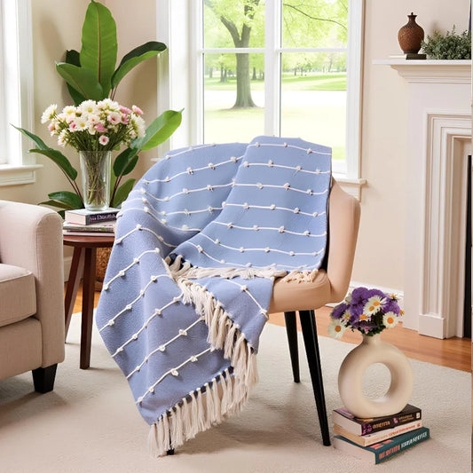 Sajavat Home Hand-Knitted Pure Cotton 3 Seater Sofa Throw Colour Blue