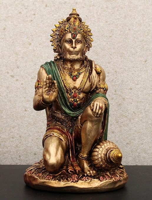 Indicast 7" Inch Hanuman Statue Sitting Metal Finish Idol Decorative Showpiece Handcrafted Hanuman Ji Murti