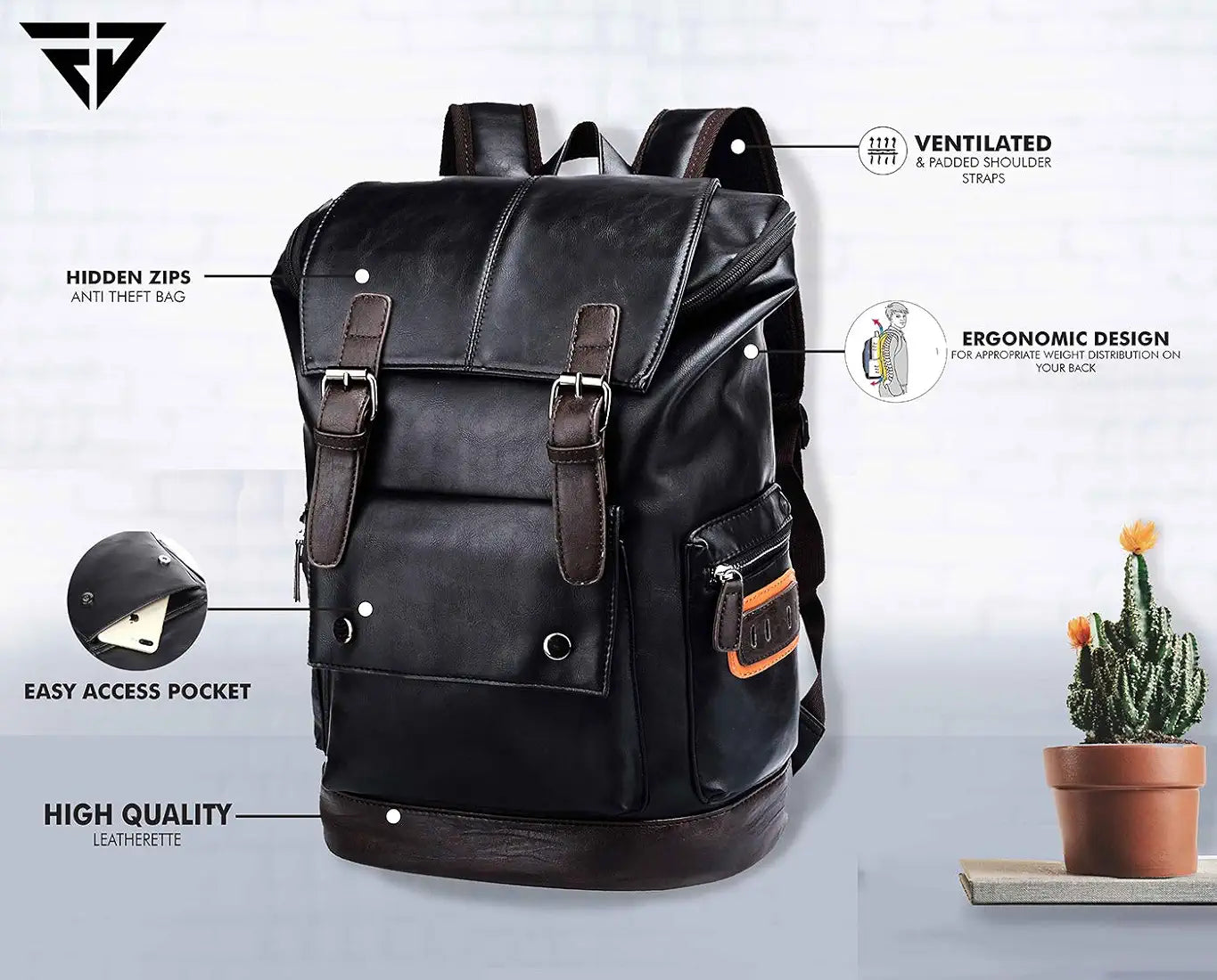 FUR JADEN Vegan Leather Anti Theft Casual Laptop Backpack with 15.6 Inch Laptop Pocket