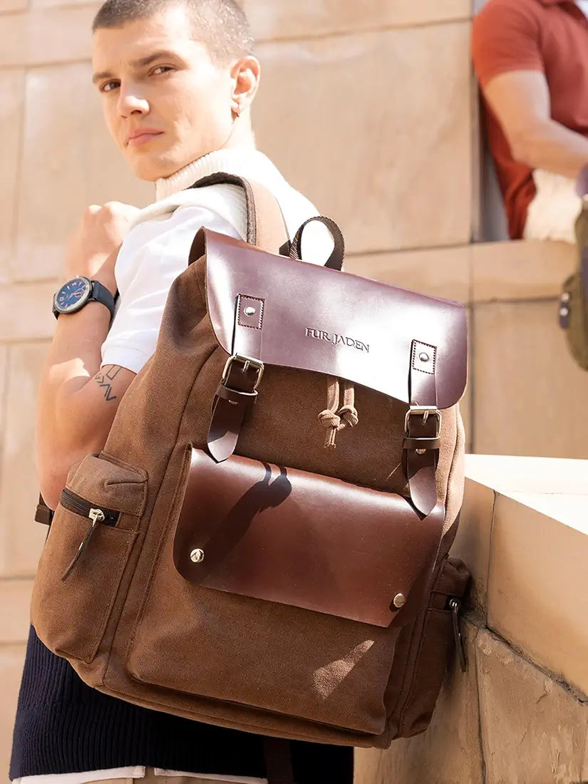 FUR JADEN Eco Friendly Travel Laptop Backpack Made of Water Resistant Sustainable Canvas and Vegan Leather for Men and Women for Travel Hiking Work