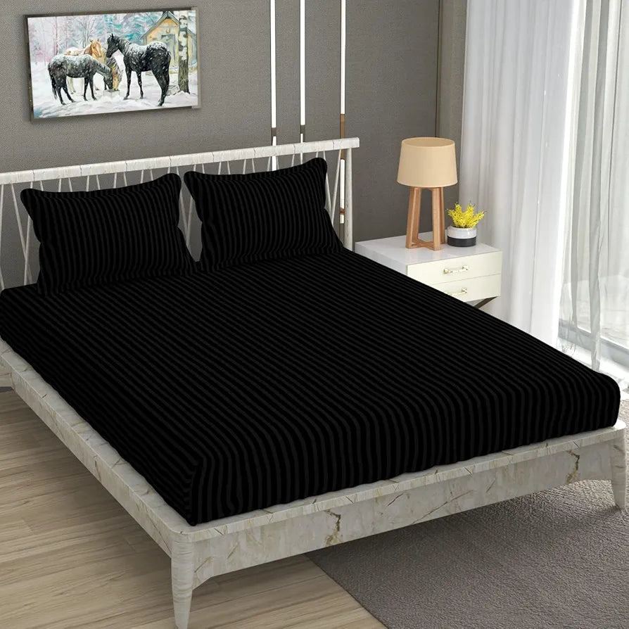 Fresh From Loom Breathable Queen Size Flat Solid Bedsheets Hotel & Home Double Bedsheet Set With 2 Pillow Covers 144 Tc Black