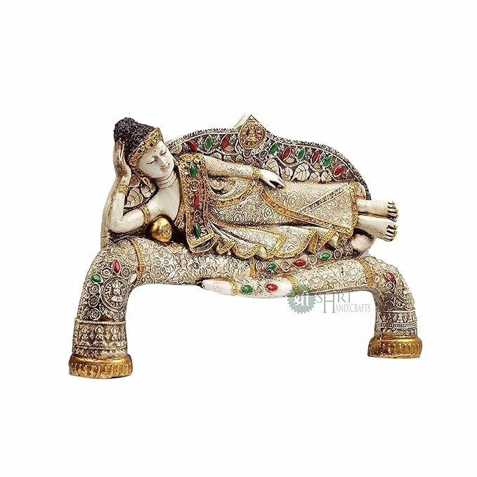 Indicast 15" Inch Handmade Buddha Sleeping Murti Stone Finish Meditating Idol Gifts Antique Design | Home Decoration, Living Room Bedroom | White