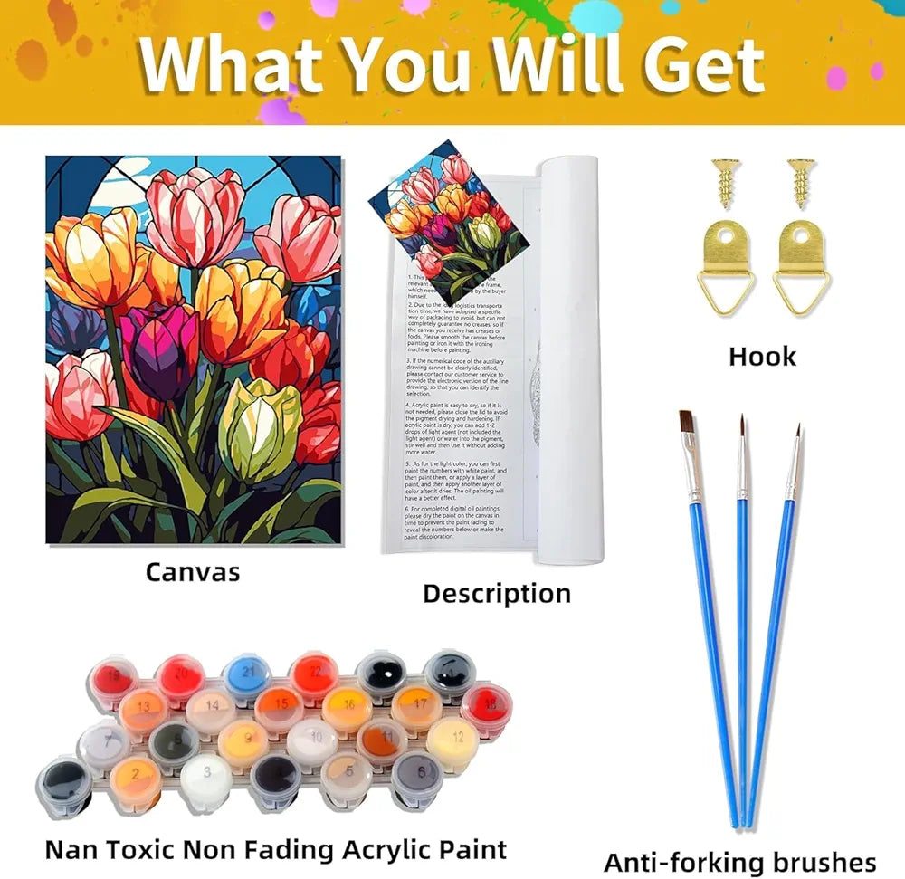 TREXEE Flower DIY Paint by Numbers Kit for Adults & Kids - Oil Paint by Numbers for Adults Beginner, Tulip Flowers Acrylic Paint by Numbers for Gift Home Wall Decor PNB