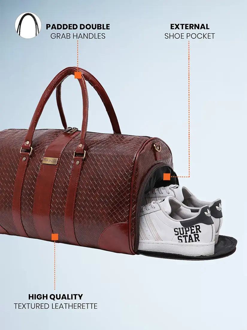 Fur Jaden Weekender Duffle Bag with Shoe Pocket for Travel for Men and Women Made of Textured Leatherette with Attachable Shoulder Strap Cabin Bag