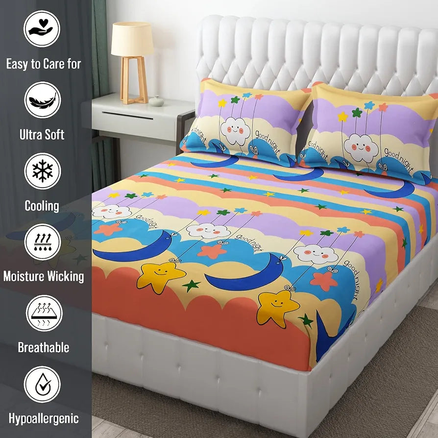 Fresh From Loom Wrinkle Free Glace Animal Print Cotton Bedsheet For Kids With Two Pillow Cover Multicolor 144 Tc Gud Night Multi Color