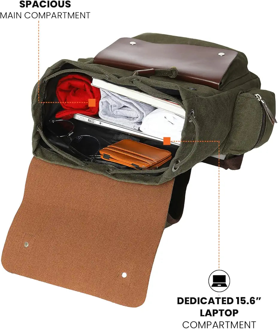FUR JADEN Eco Friendly Travel Laptop Backpack Made of Water Resistant Sustainable Canvas and Vegan Leather for Men and Women for Travel Hiking Work