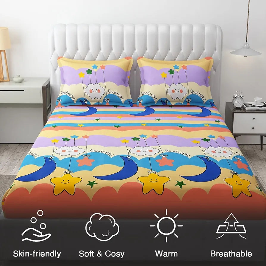 Fresh From Loom Wrinkle Free Glace Animal Print Cotton Bedsheet For Kids With Two Pillow Cover Multicolor 144 Tc Gud Night Multi Color