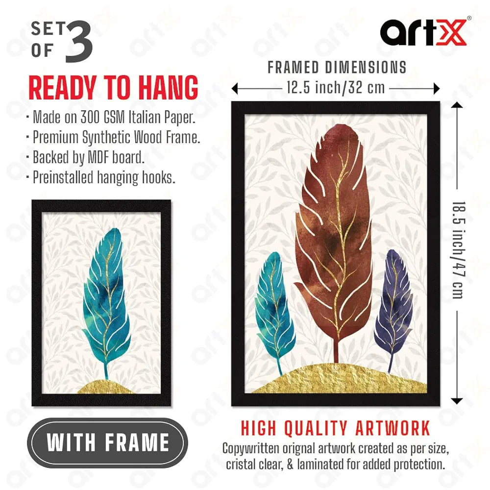 ArtX Paper Abstract Leaf Wall Painting Big Size Framed Painting Multicolor Set Of 3