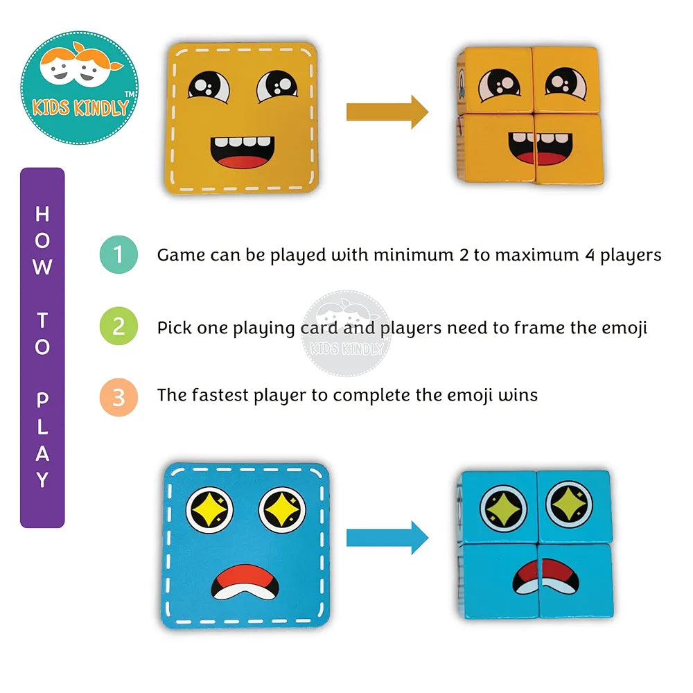 KIDS KINDLY Wooden Face Puzzle Game for Kids Age 3+, Emoji Expression Matching Toy with 16 Blocks & 72 Cards, Fun Indoor Puzzle for Boys and Girls, Educational Games & Gifts