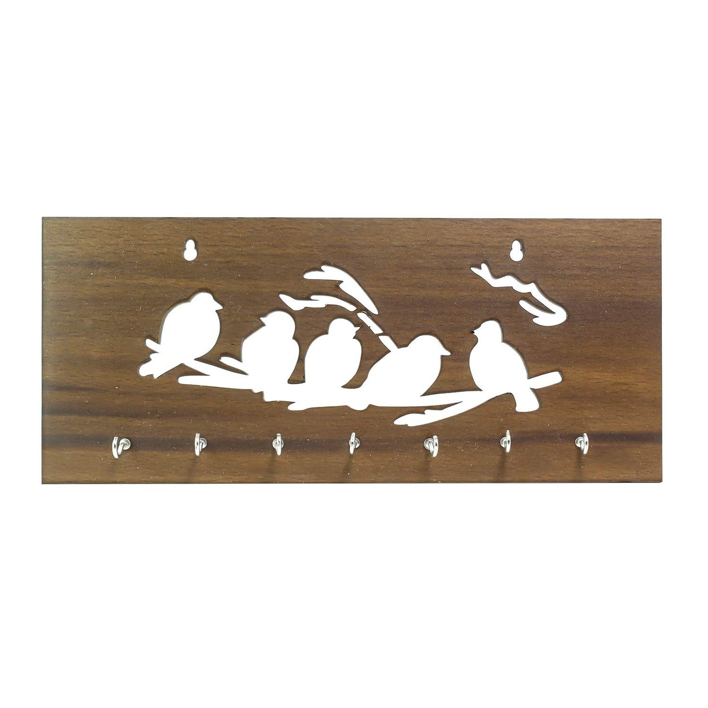 Ecraftindia Brown Birds Sitting on Branches Theme Wooden Key Holder With 7 Hooks