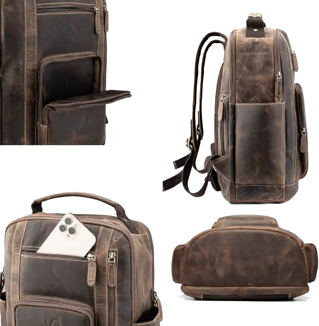 Goatter 24 Ltrs Men's Hunter Leather Backpack For 16 Laptop Travel Hiking Camping Rucksack - Brown