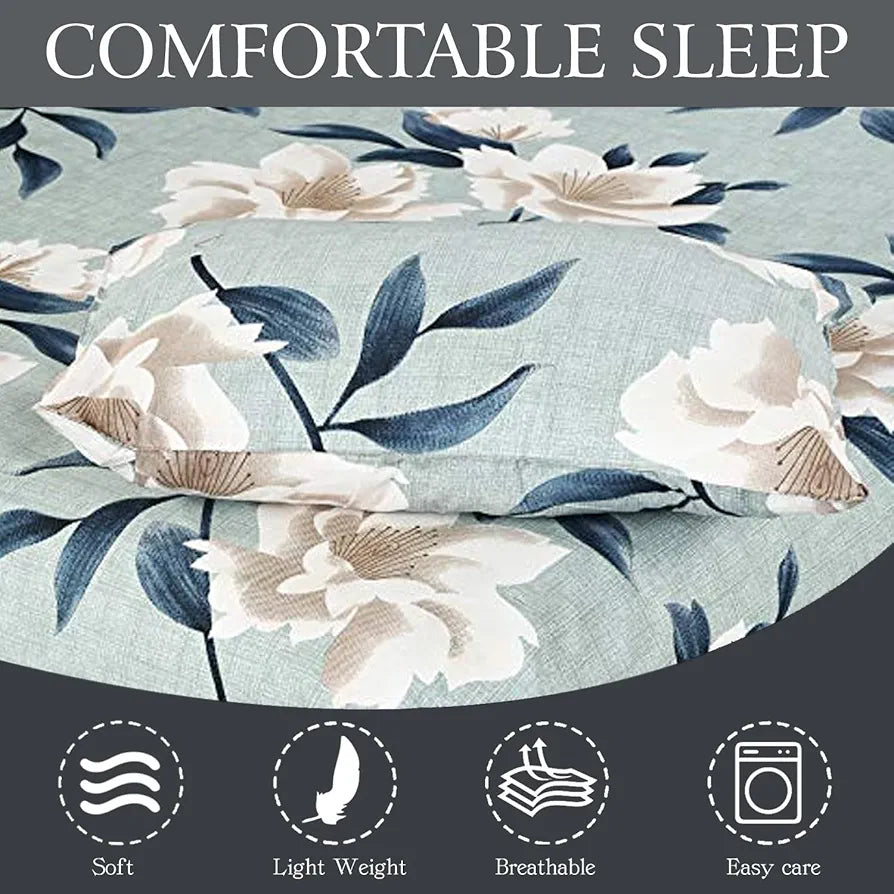 Fresh From Loom Microfiber Bedsheet For Double Size Bed Floral Design Bed Spread With 2 Pillow Covers 144 TC Sea green
