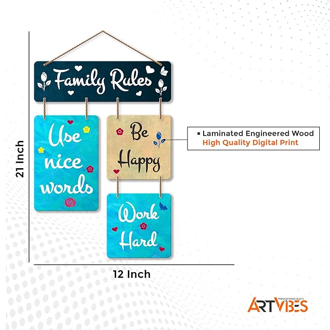 Artvibes Family Rules Decorative Wall Art Mdf Wooden Wall Hanger for Living Room
