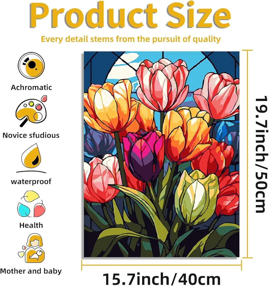 TREXEE Flower DIY Paint by Numbers Kit for Adults & Kids - Oil Paint by Numbers for Adults Beginner, Tulip Flowers Acrylic Paint by Numbers for Gift Home Wall Decor PNB