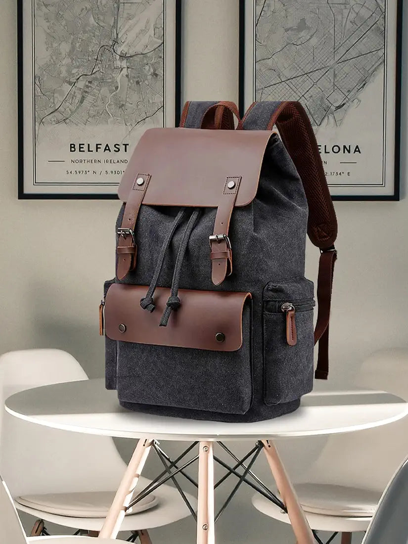 FUR JADEN Eco Friendly Travel Laptop Backpack Made of Water Resistant Sustainable Canvas and Vegan Leather for Men and Women for Travel Hiking Work