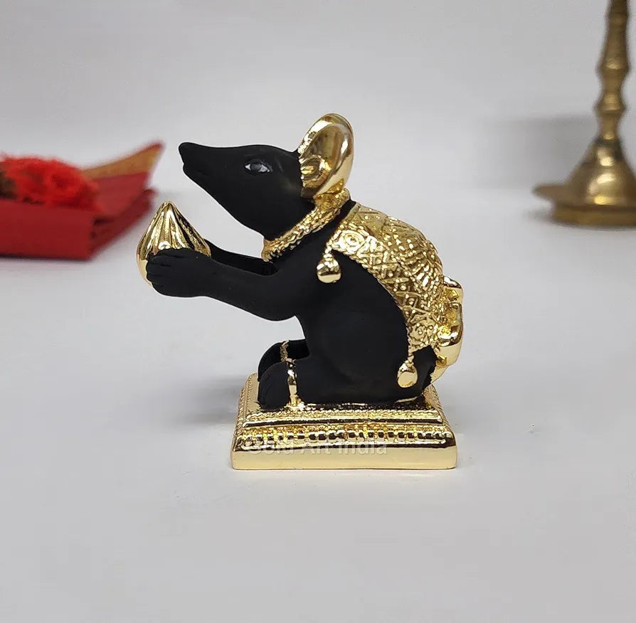 Gold Art India Gold-Plated Mushak Mouse with Modak Black Terracotta Finish