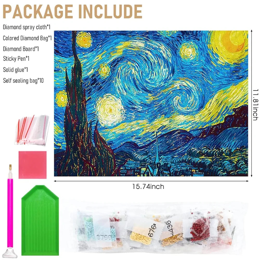 HASTHIP Diamond Painting Kit, 5D Diamond Painting Kit, The Starry Night By Master Van Gogh, Rhinestone Extremely Shiny Diamond Painting Art, Abstract Style Room Decoration