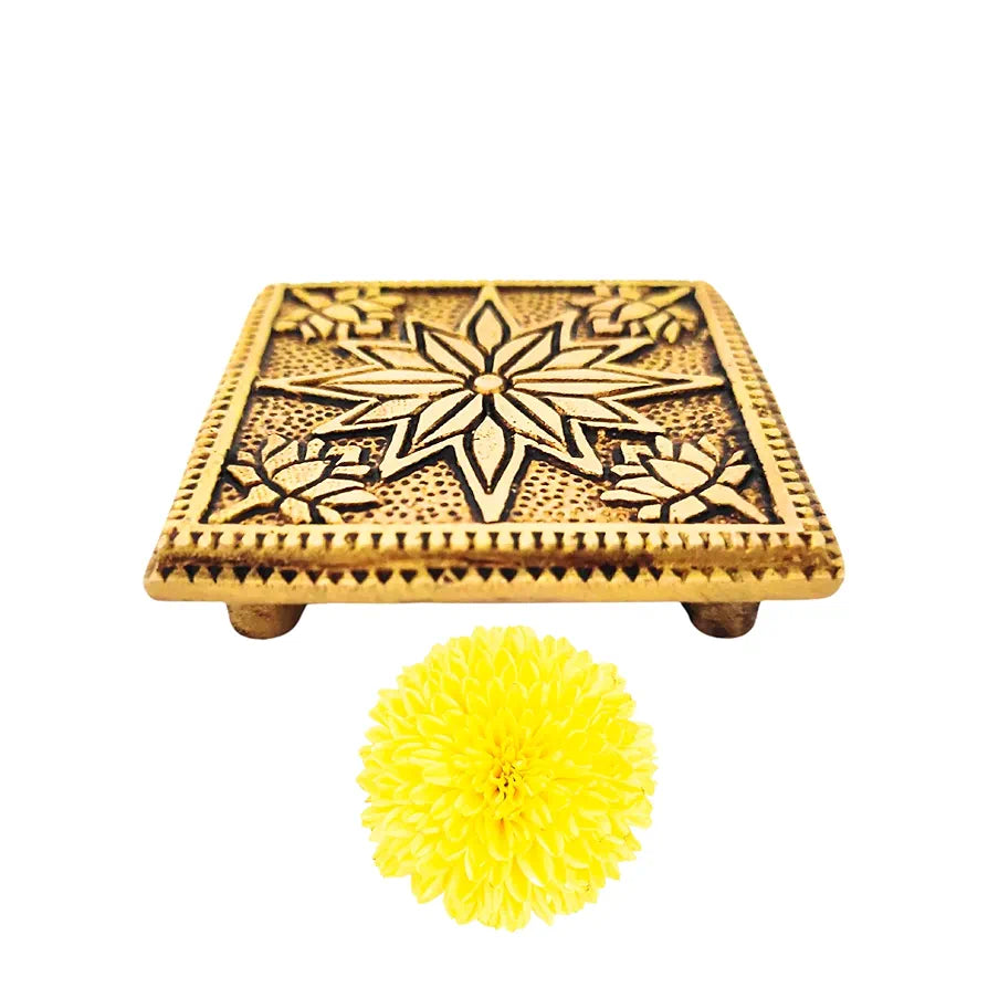 anciently Brass Pooja Chowki Square with Flower Design | Sqaure Brass Chowki for Puja, Brass, Gold Colour, 1 Piece